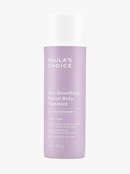 Paula's Choice Retinol Skin-Smoothing Body Treatment in branded lilac bottle with white cap on light gray background